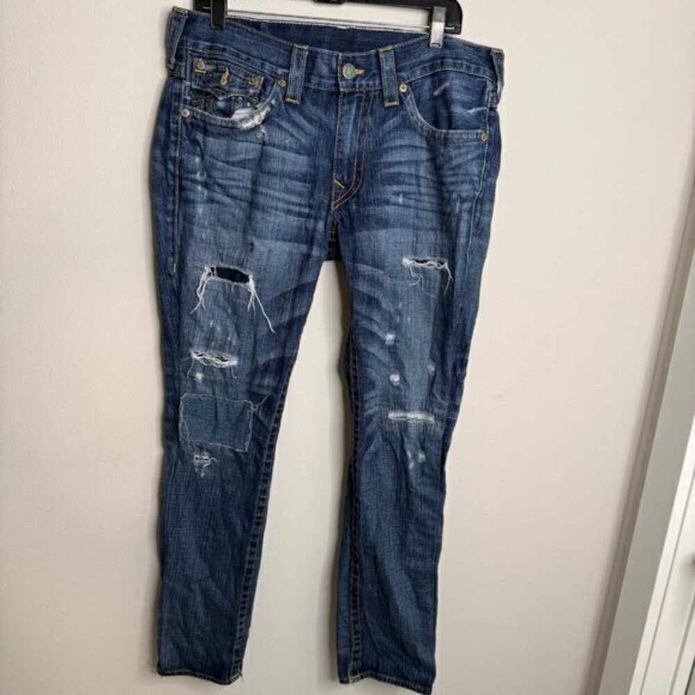 True Religion Men's 36 Blue Jeans Distressed Skull Roses Patches Denim Pants